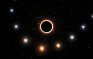 إن هذه الصورة تظهر مسار النجم S2 بينما يقترب من الثقب الأسود الهائل في مركز مجرة درب التبانة. وبينما يقترب من الثقب الأسود، يسبب حقل الجاذبية شديد القوة تغير لون النجم ليقترب من الأحمر، وهذا تأثير معروف في نظرية النسبية العامة لآينشتاين. لقد تم تضخيم الأحجام والألوان في الصورة للتوضيح.
